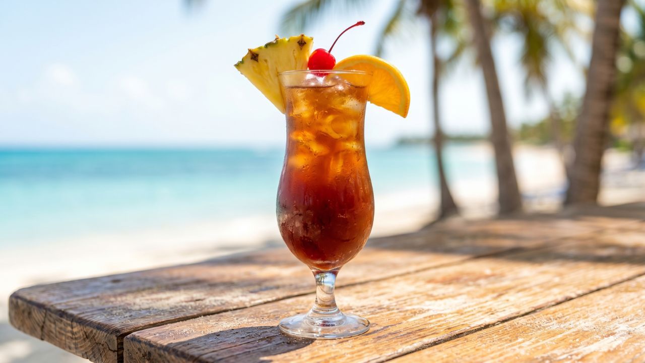 Icy tropical bahama mama on wooden table with beach background. 
