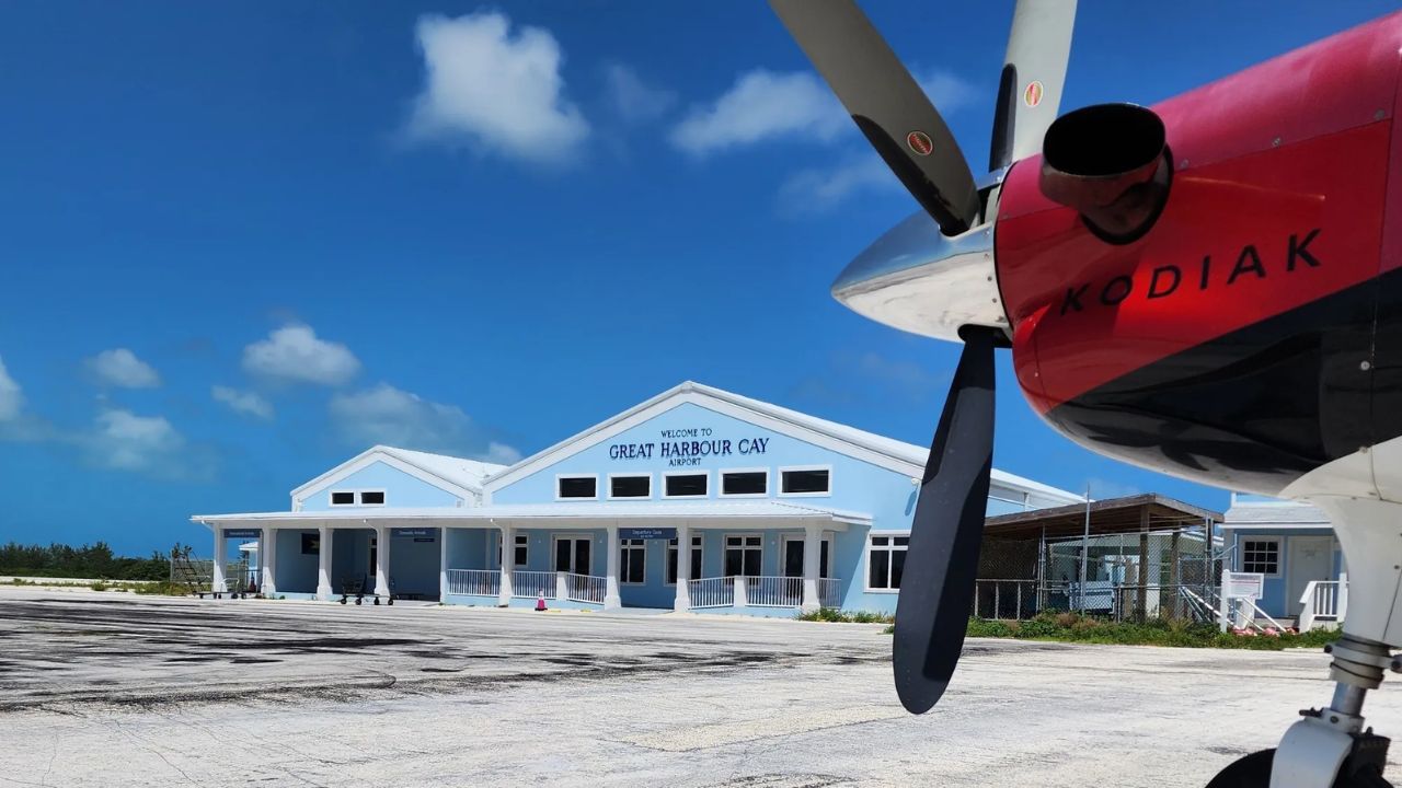 Welcome sign at Great Harbour Cay Airport Berry Islands Bahamas.