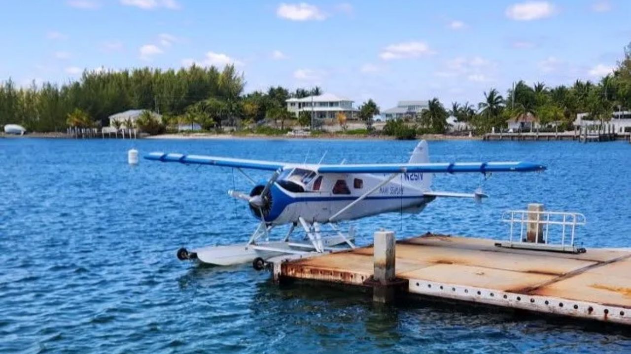 Miami seaplane docked at Bimini Beach waterfront.