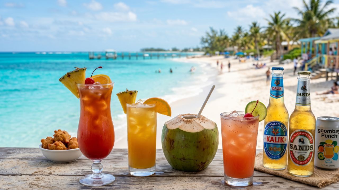  Tropical drinks on wooden table with turquoise ocean background. 