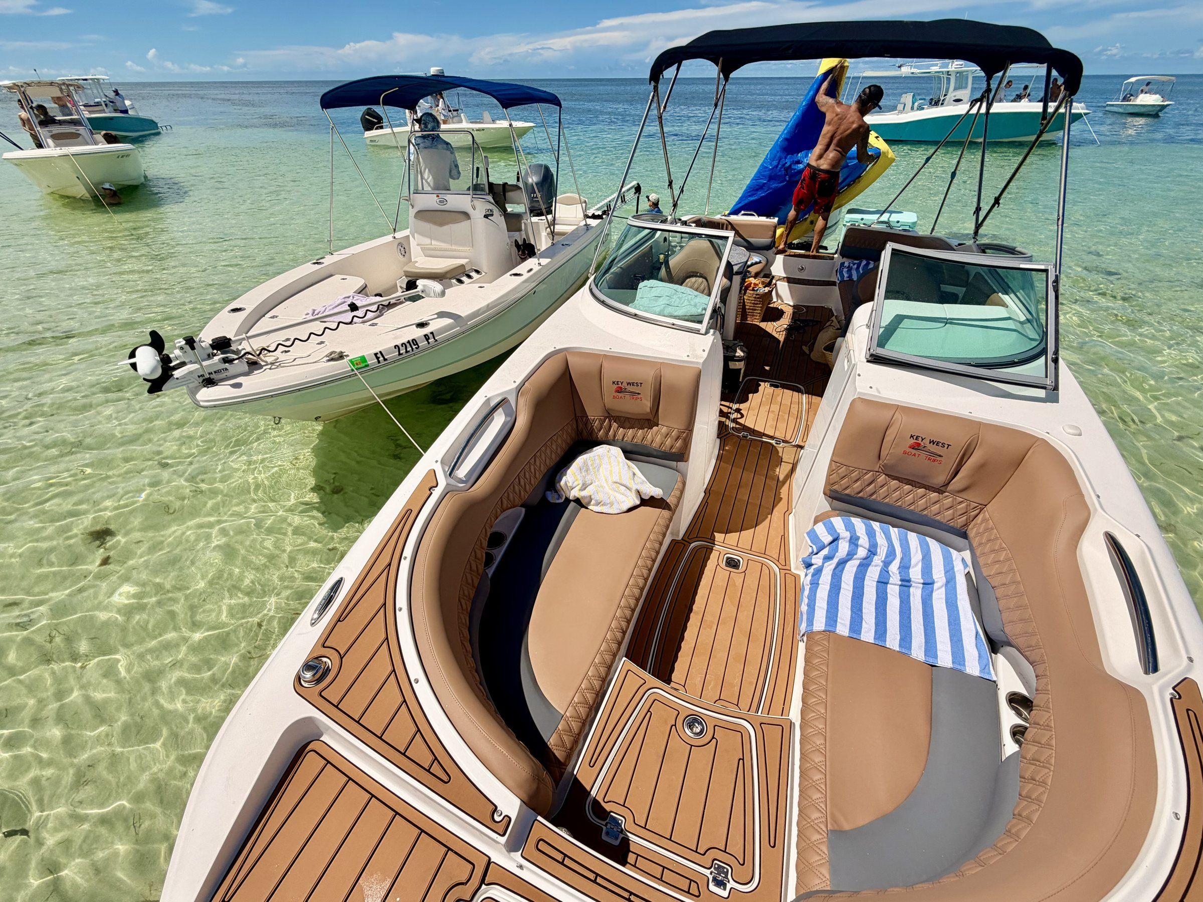 Cushioned lounge seating inside the Hurricane deck boat
